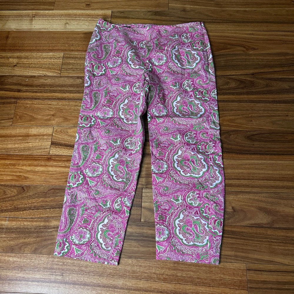 Talbots Pink Green Paisley Classic‎ Side Zip Cropped Pants Size 8 Stretch Cotton